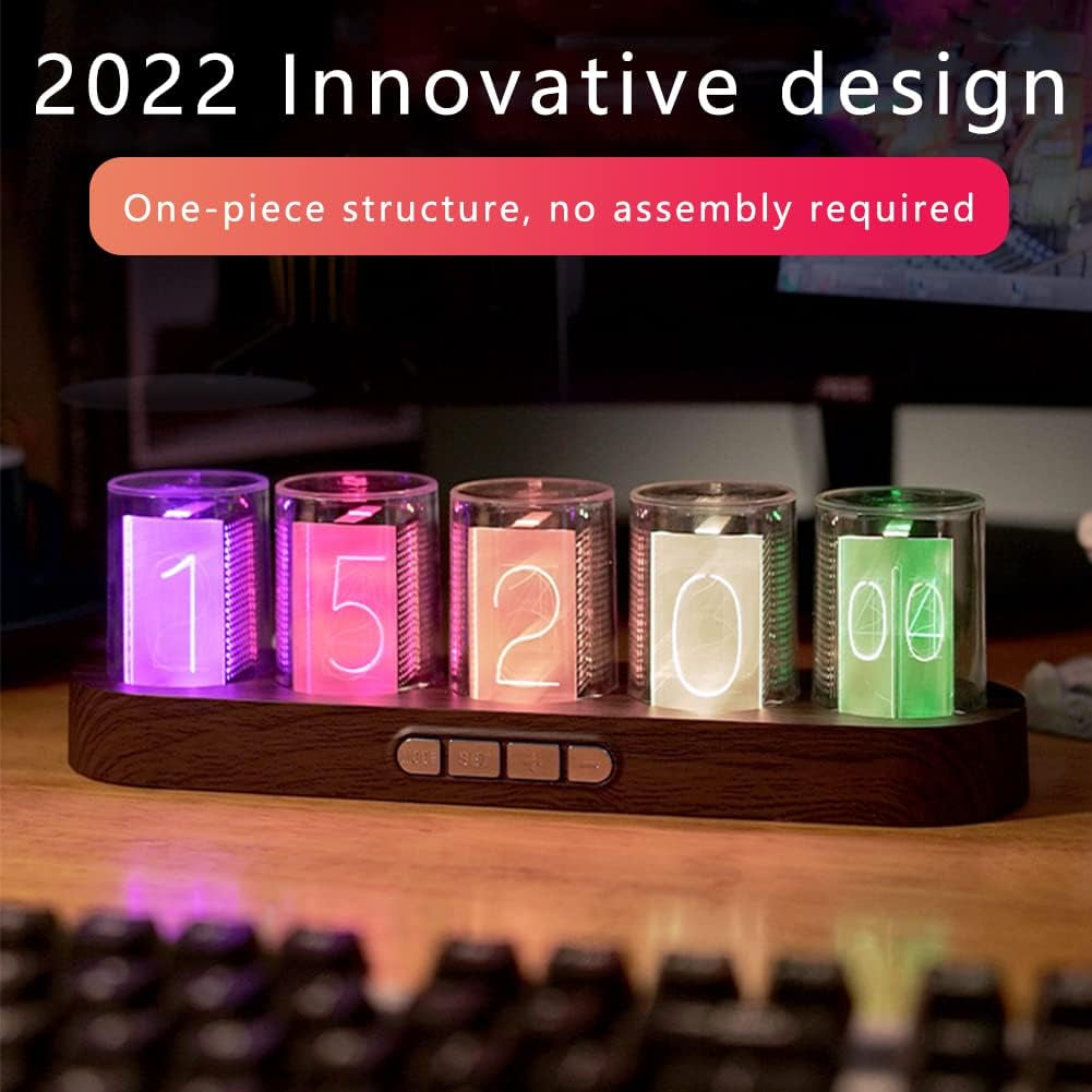 Imitation Nixie Tube Clock RGB Creative Clock with 16 Million Colors and Customizable Modes, 12/24H,Retro Gift, Office Decor, Cool Desktop Clocks