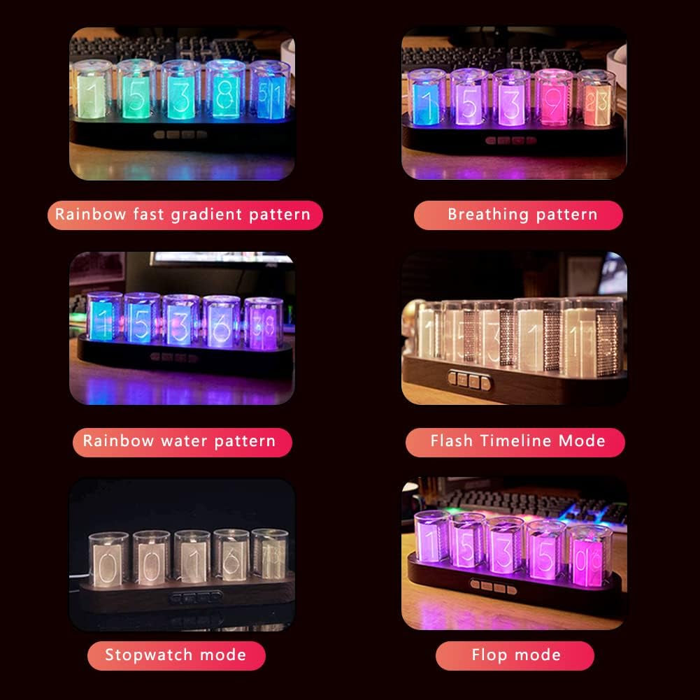 Imitation Nixie Tube Clock RGB Creative Clock with 16 Million Colors and Customizable Modes, 12/24H,Retro Gift, Office Decor, Cool Desktop Clocks