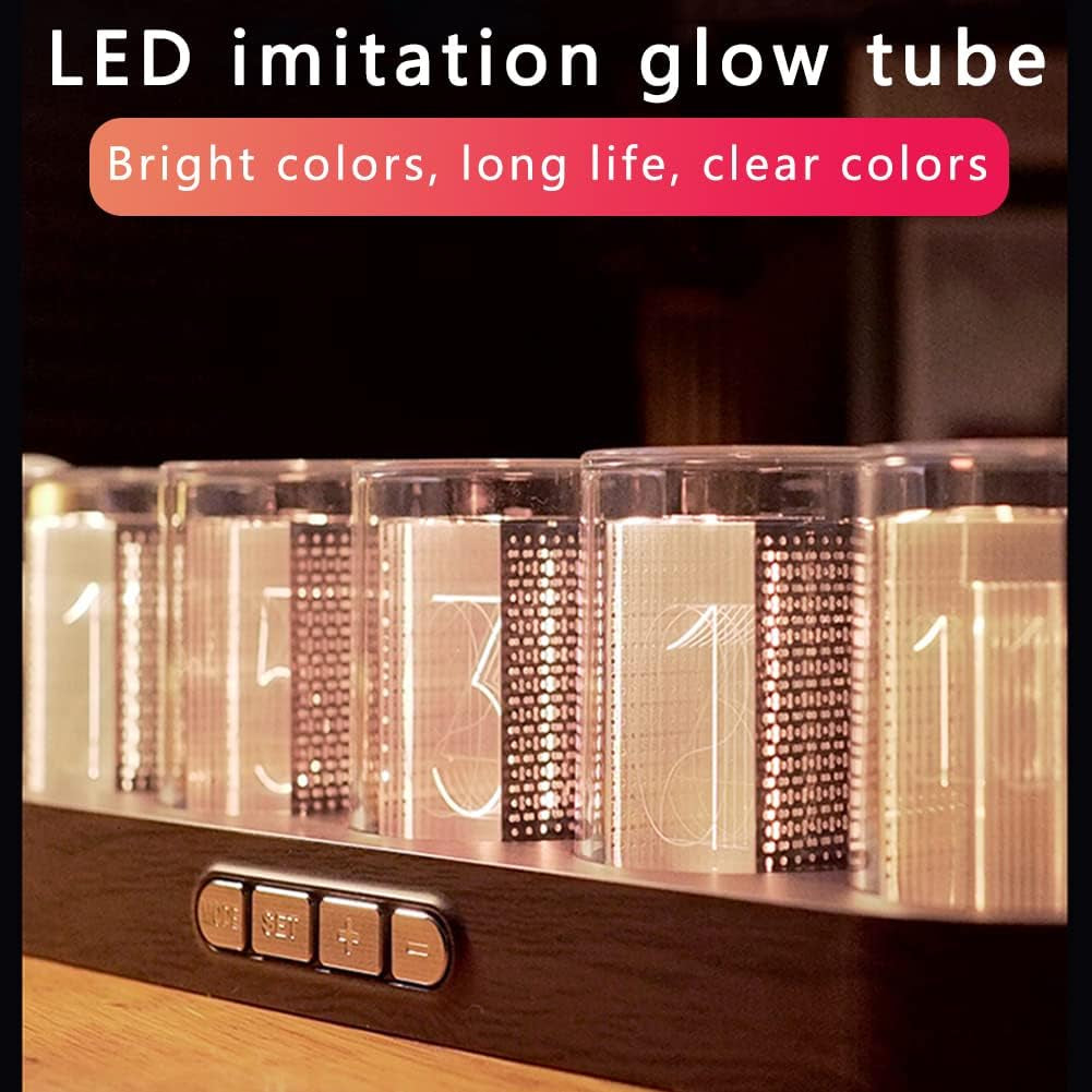 Imitation Nixie Tube Clock RGB Creative Clock with 16 Million Colors and Customizable Modes, 12/24H,Retro Gift, Office Decor, Cool Desktop Clocks